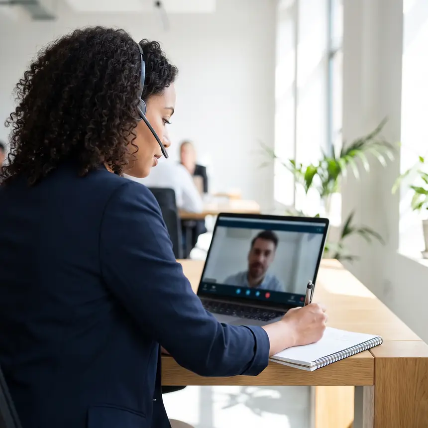 Une femme en visio devant son ordinateur portable